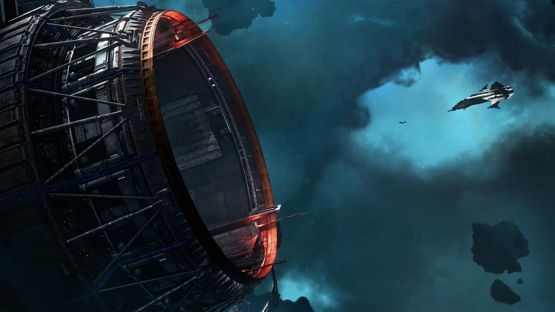 Official Steam screenshot: a ring station and a fighter against a teal nebula