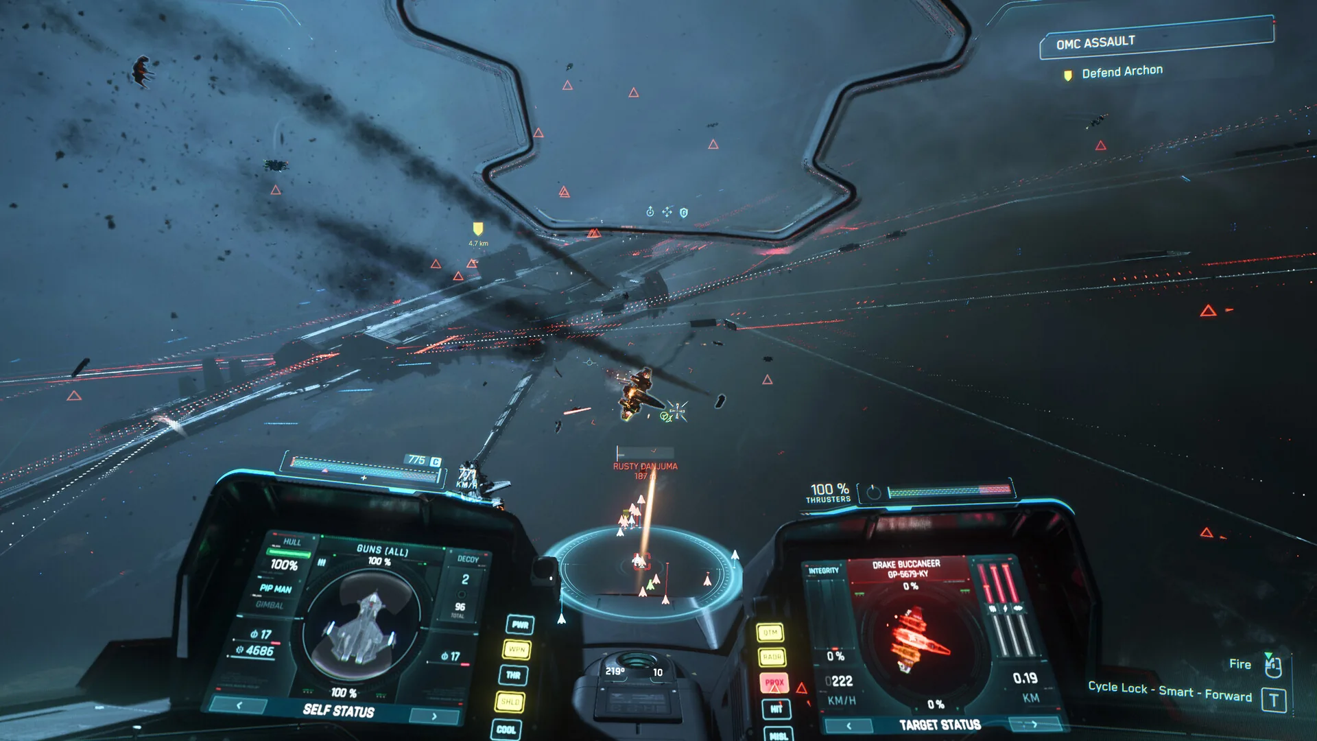 Official Steam screenshot: cockpit HUD with Self Status during a Defend Archon objective