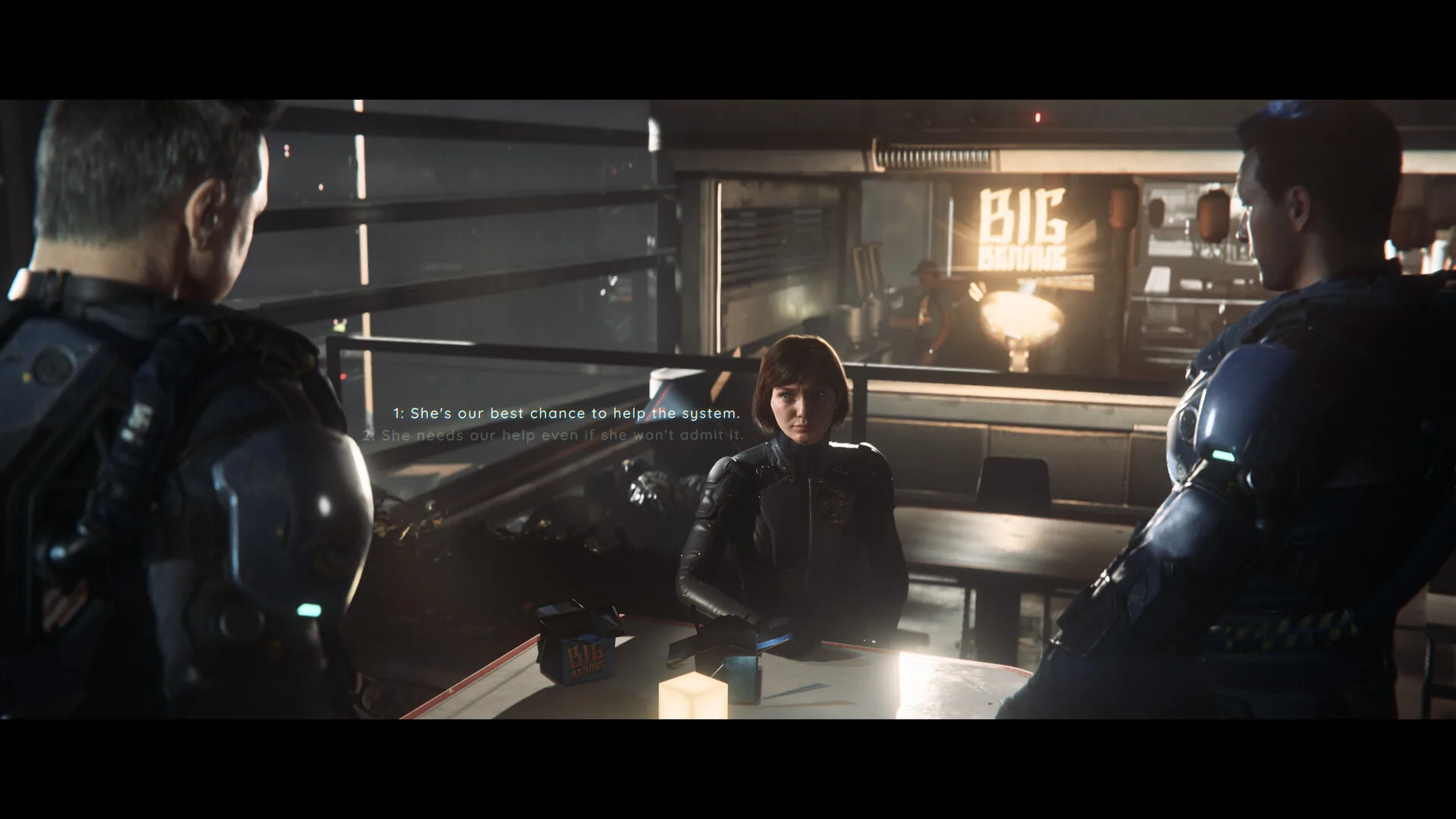 Official Steam screenshot: a dialogue choice in a bar about helping the system
