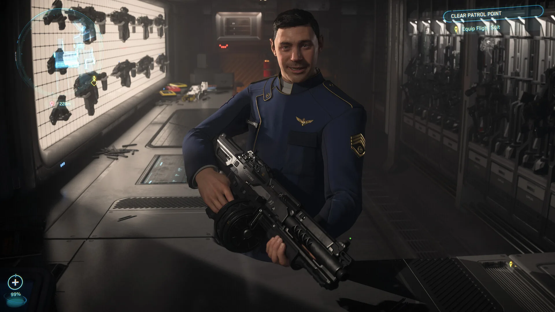Official Steam screenshot: a navy uniform in an armory during Clear Patrol Point