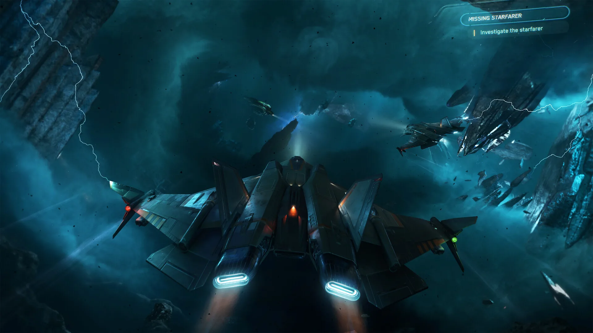 Official Steam screenshot: a fighter in a lightning field on a Missing Starfarer objective